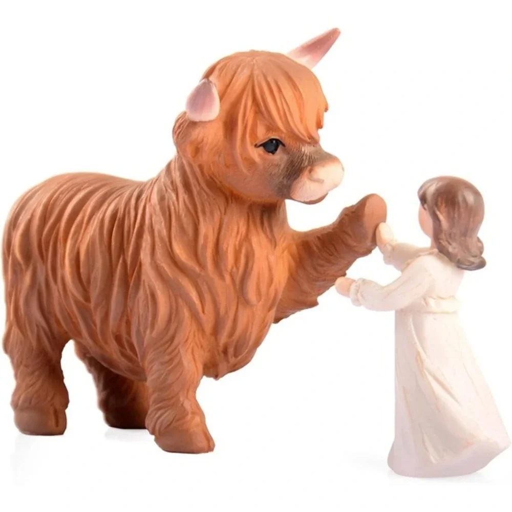Highland Cow and Girl Resin Figurine Rustic‎ Farmhouse Decor 6.7 Inch Brown